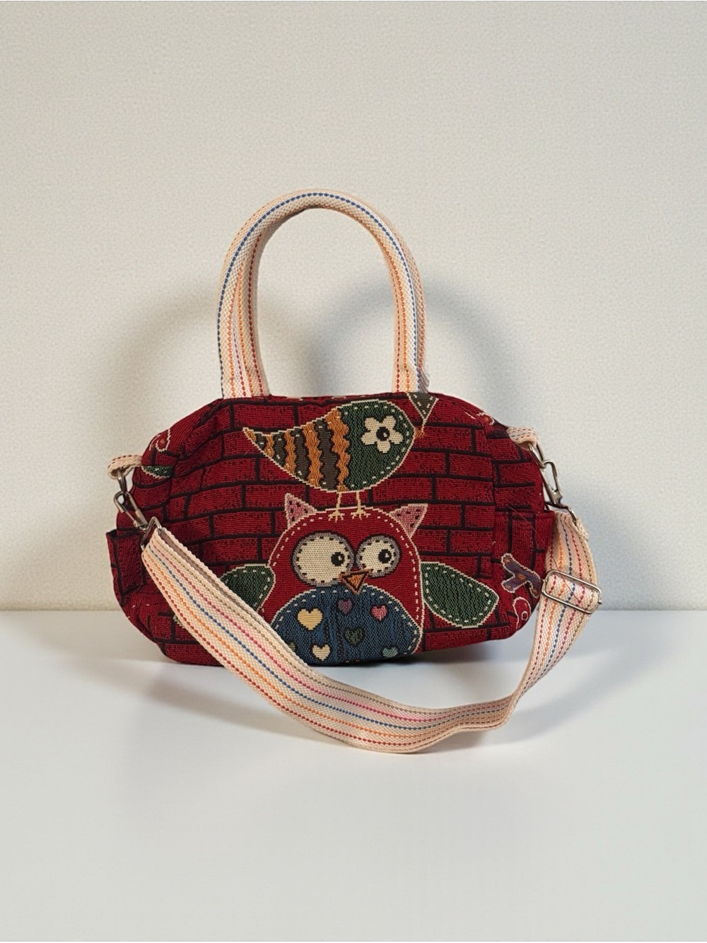 Red Embroidered Owl Crossbody Bag with Removable Strap